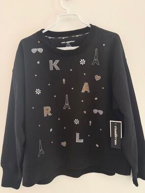 Karl Lagerfeld Black Embellished Crewneck Sweater with Logo Motifs